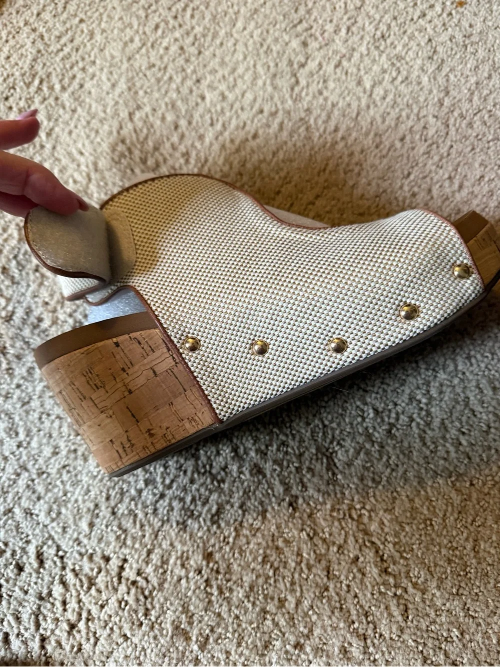 Cream Woven Cork Wedge Sandals with Stud Accents